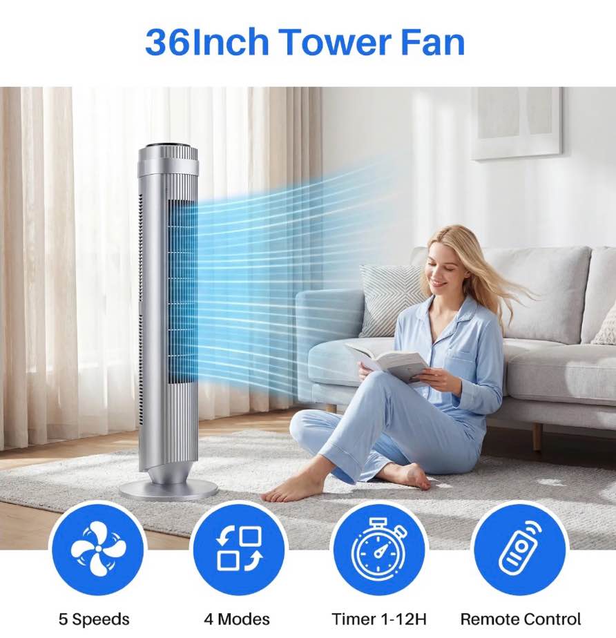 EDX Bladeless Tower Fan for Bedroom, 25ft/s High Velocity 28dB Quiet DC Fan, 5 Speeds 4 Modes, 12H Timer 64°Oscillating, Remote Standing Fan for Home Office Indoor, Silver