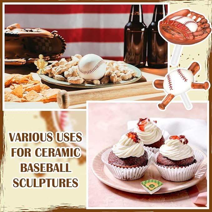 Sieral 4 Pcs Mini Baseball Figurine for Plate Ceramic Plate Decorations Hand-Painted Baseball, Glove