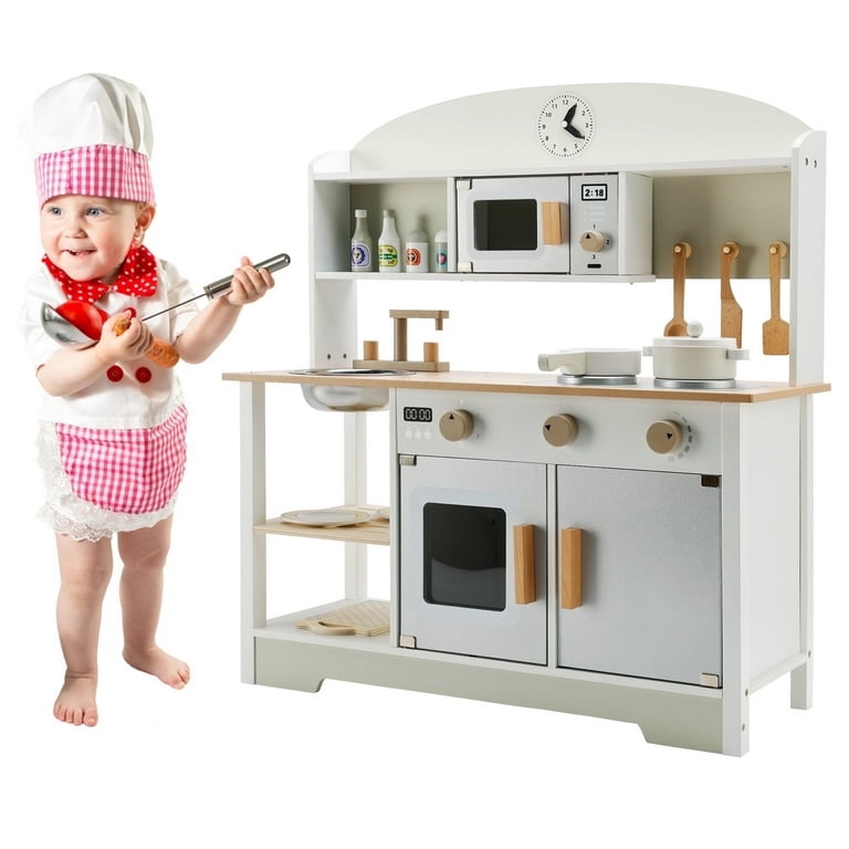 Kids Play Kitchen Set Toy  Wooden Pretend Chef Cooking Play Set with Microwave  Pan  Sink  Cookware Accessories Kitchen Set for Toddlers  Boys  Girls  Gift for Ages 2+
