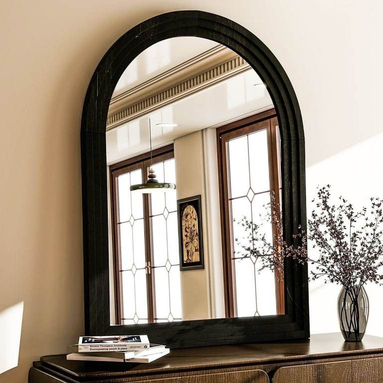 BEAUTYPEAK 36"x 24" Arched Bathroom Mirror Wall Mirror Wooden Frame,Black
