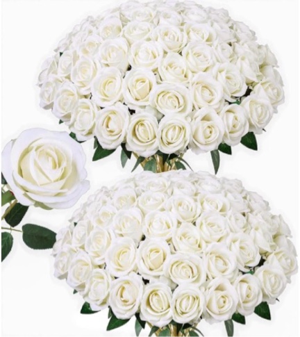 50 PCS Ivory Roses Artificial Flowers, Fake Roses with Stem Realistic Silk Roses for DIY Wedding Bou