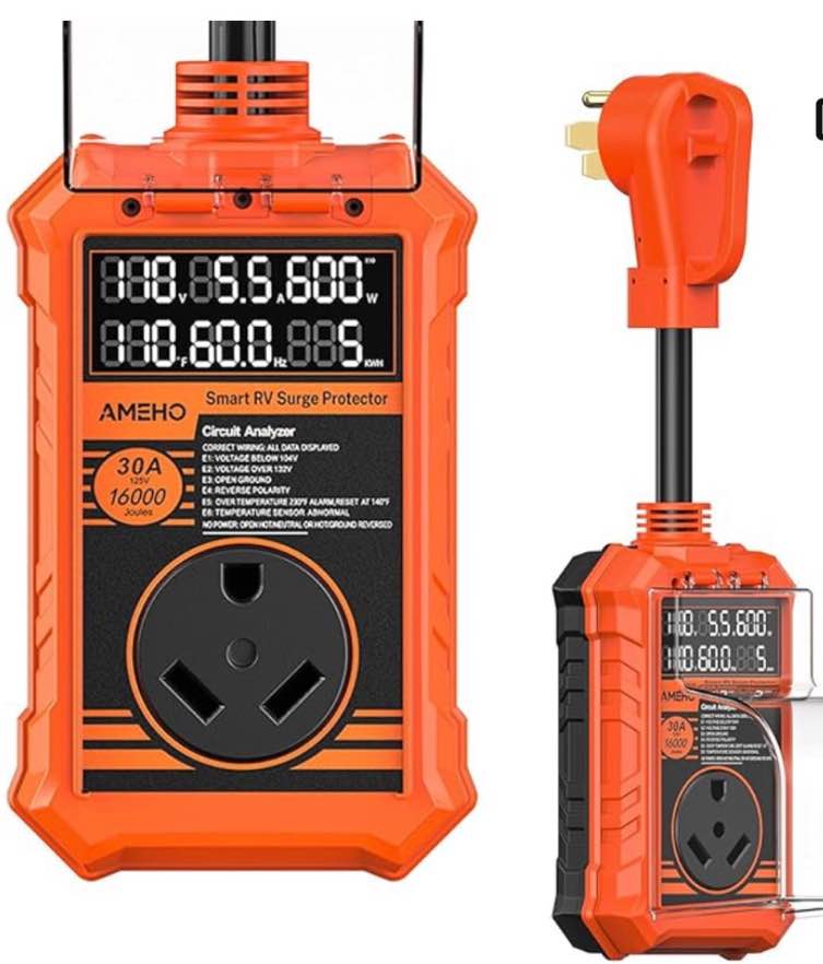 AMEHO RV Surge Protector 30 Amp, 16000J with Smart Auto Shutoff – IP67 Waterproof – LED Large Screen