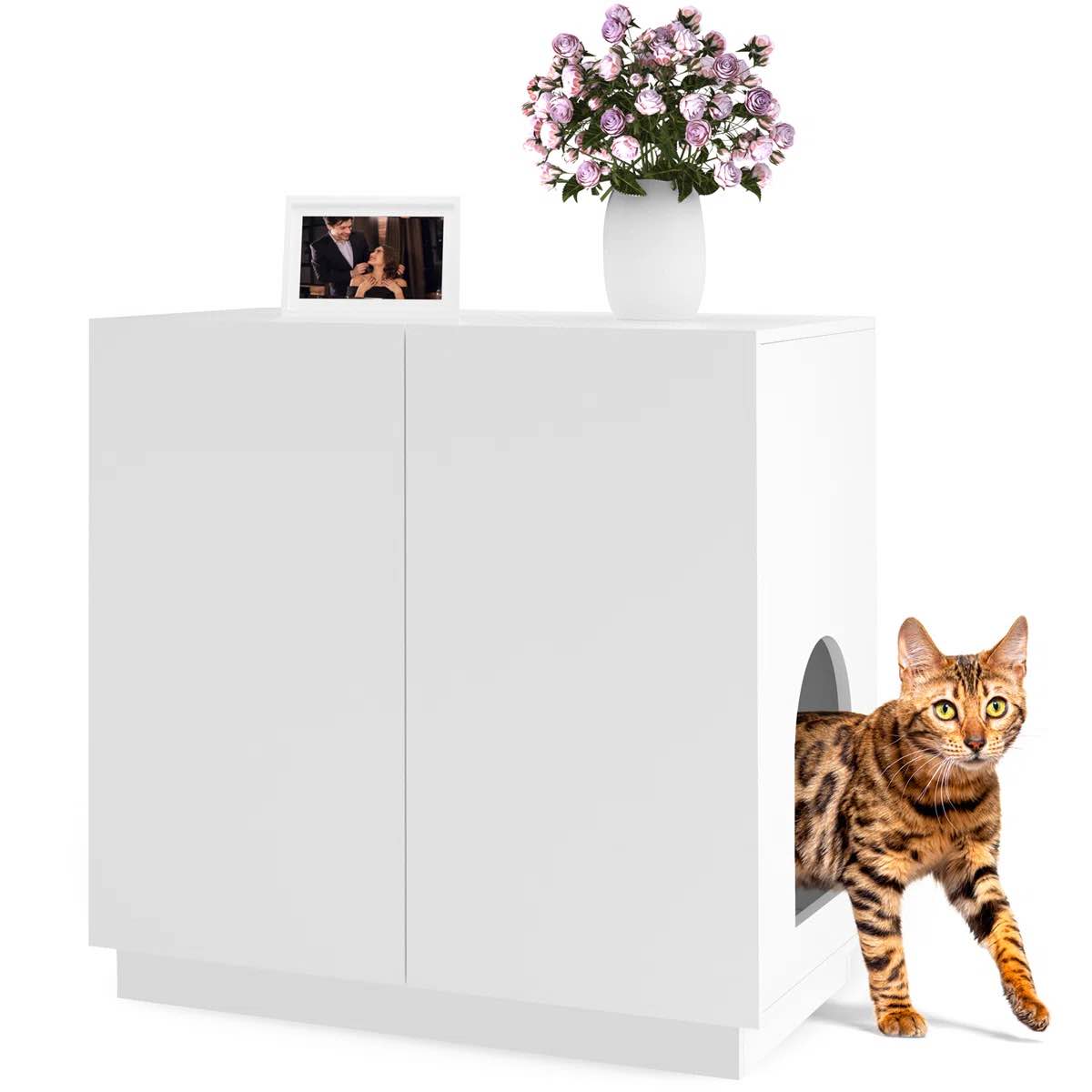 Large/Tall Litter Box Enclosure, Modern Wooden Litter Box Furniture for XL Litterbox with Hidden Storage as Sideboard Cabinet (White)