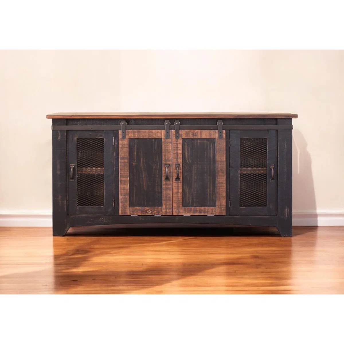 60" Black Solid Wood Cabinet Enclosed Storage Distressed TV Stand