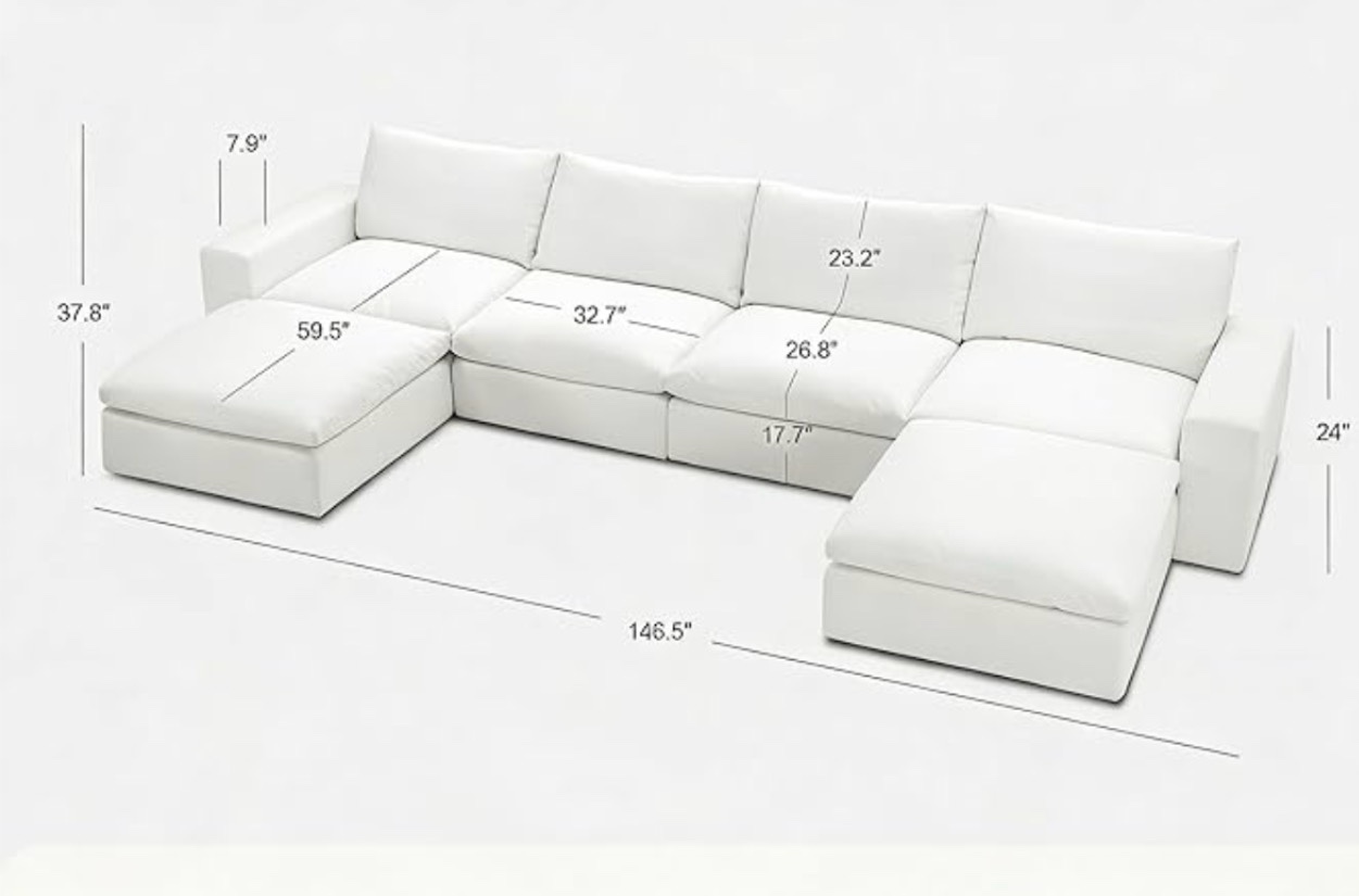 Cloud Couch Sectional 141.7'' Oversized Modular Deep Seat Sofa U Shaped Comfy White Cloud Couch with Washable Cover for Living Room 4 Seater with 2 Ottoman