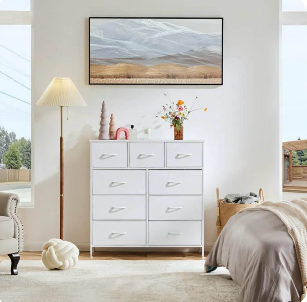 edx Fabric Storage Dresser with 9 Drawers, Steel Frame and Wooden Top for Bedroom, Closet and Entryway , White
