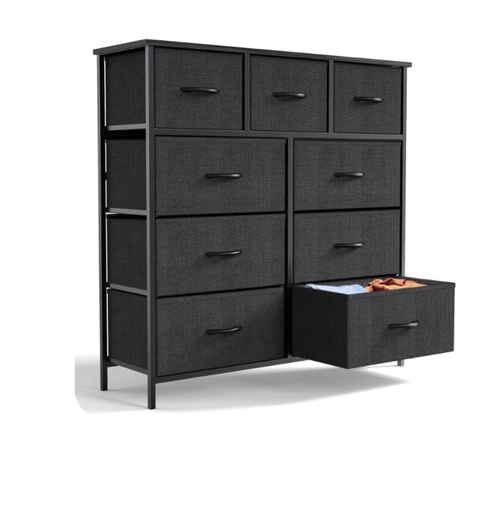 edx 9 Drawer Fabric Dresser for Bedroom, Chest of Drawer Organizer Storage Cabinet for Closet, Entryway, Black