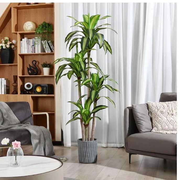 Artificial Plants, 6ft Fake Dracaena Tree in Black Plastic Pot, Faux Plants Indoor Outdoor Decor, Silk Plants for Home Decor Office Porch Patio Perfect Housewarming Gift