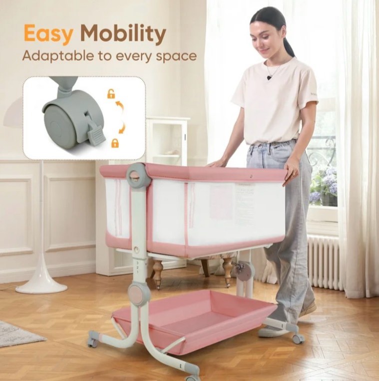 Babyeap 3 in 1 Baby Bassinet,Baby Basinet Bedside Sleeper,Standalone Baby Crib,6 Height Adjustable Portable Crib for Newborn,Pink