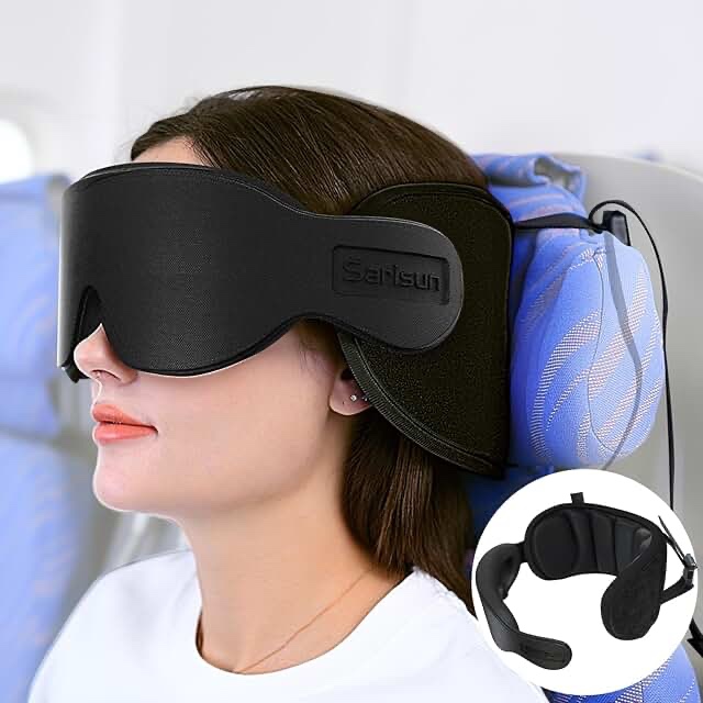 travel pillows for airplanes, neck pillow with eye mask for sleeping long flights, travel pillow for car road trip, car headrest, fsa hsa eligible approved travel accessories, black