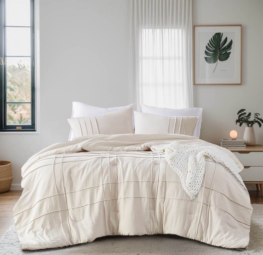 regency heights queen comforter set, boho 3-piece pintuck stitching bedding set, soft washed pleated bed sets with pillow sham neutral