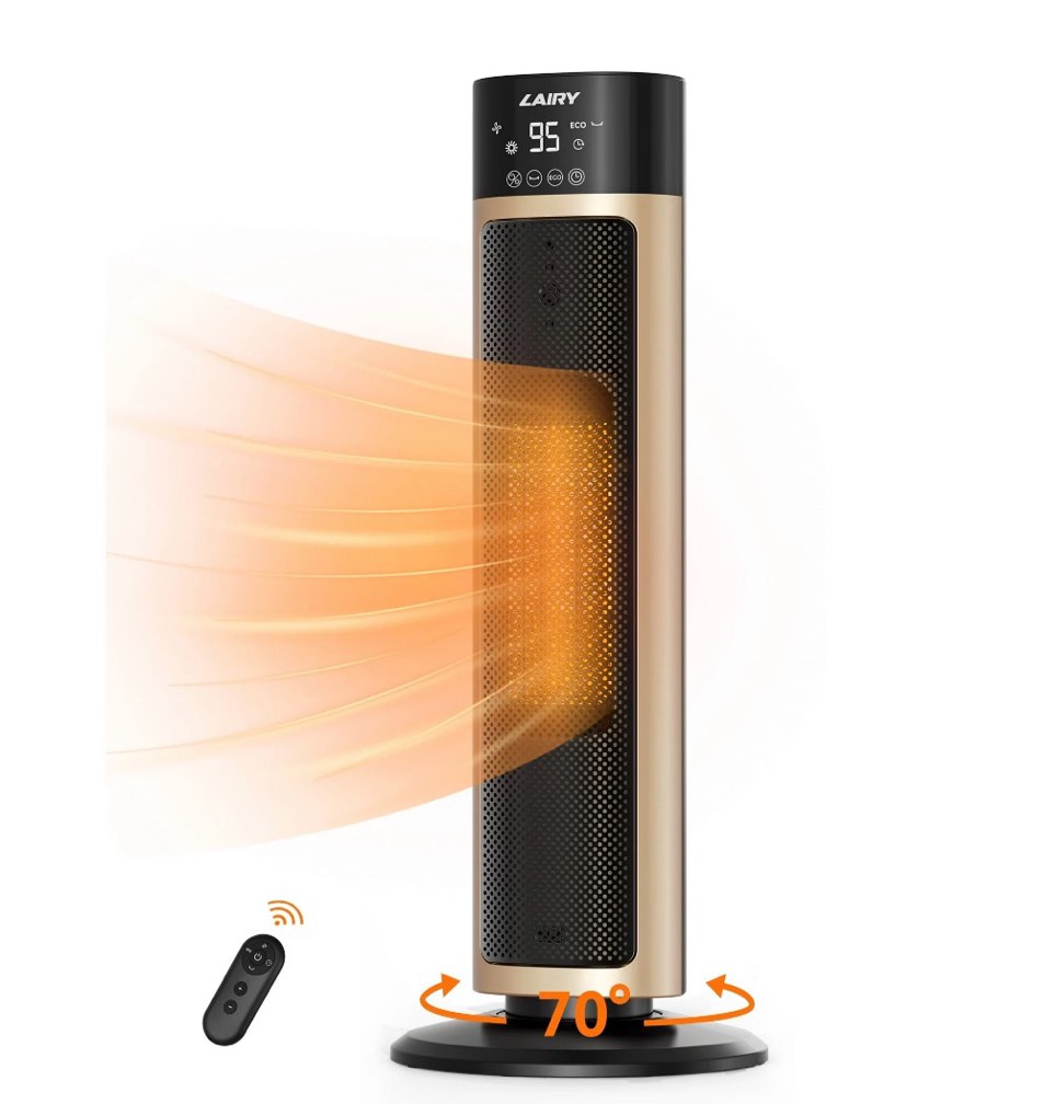 lairy 1500w space heater large room,24 inch electric tower heaters with remote, adjustable thermostat, black gold