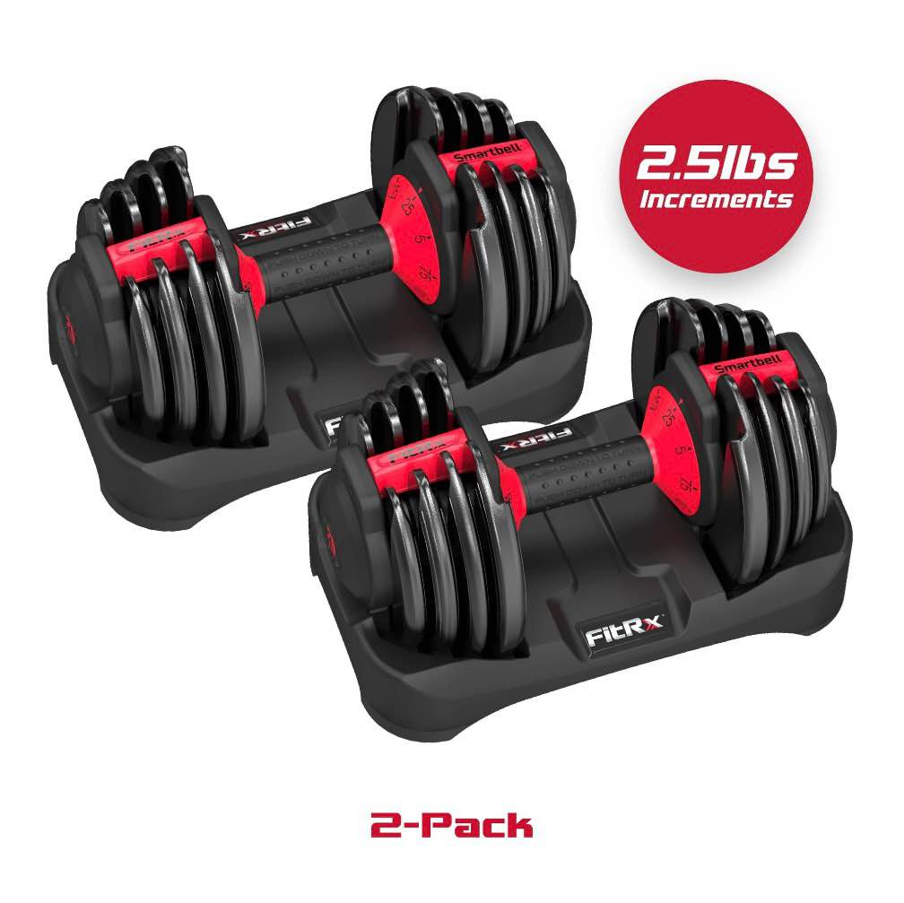 fitrx smartbell 2-pack  two 25lbs. quick-select 9 in 1 adjustable dumbbell for home gym  5-25lbs. weight in 2.5lbs increments
