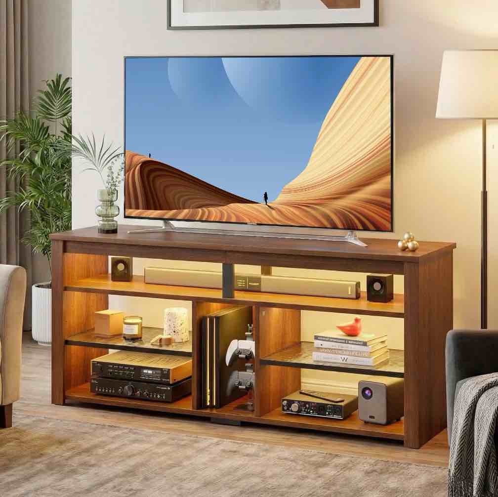 bestier tall tv stand for 65" tvs,entertainment center with ps5 storage,led tv stands for living room,tv console with adjustable storage shelf,walnut tv stand