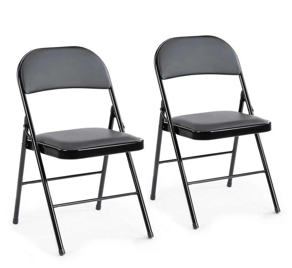 concetta 2 pack folding chair, indoor outdoor portable stackable commercial leather padded seat for home, office, party, black