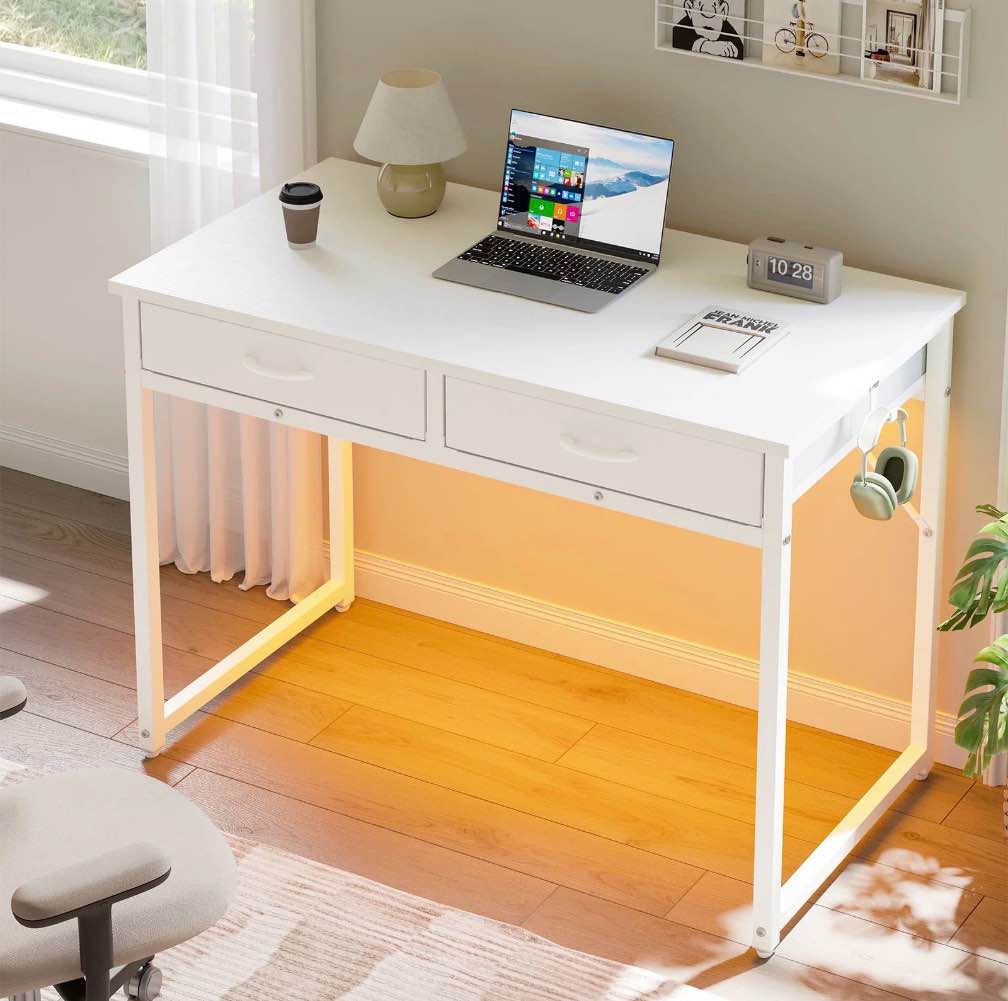 pinmoco 42 inch small desk computer desk with fabric drawers& rgb led light, writing desk, white vanity desk with hanging hook hook for home, bedroom, white