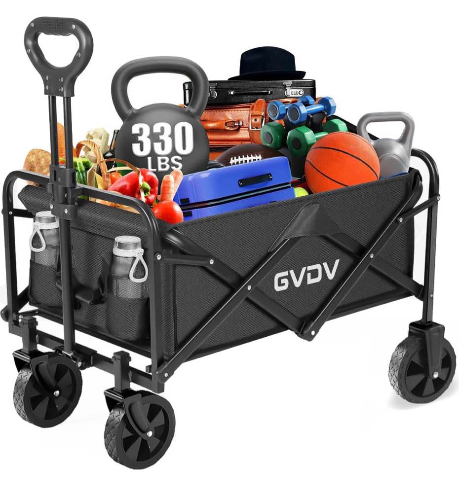 gvdv collapsible wagon cart, portable utility wagon for camping, beach, picnic, shopping, sports, and grocery transport, black