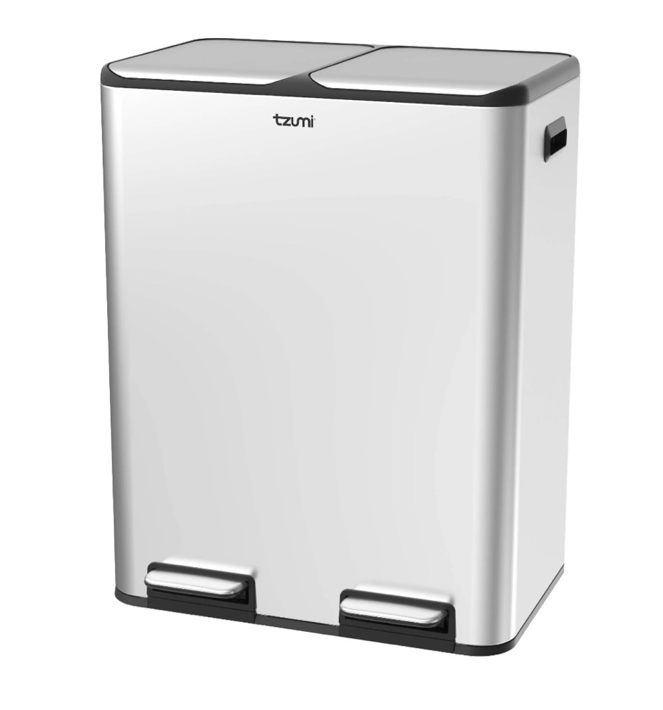 tzumi dual-compartment recycling bin stainless steel trash can for kitchen  16 gallon total