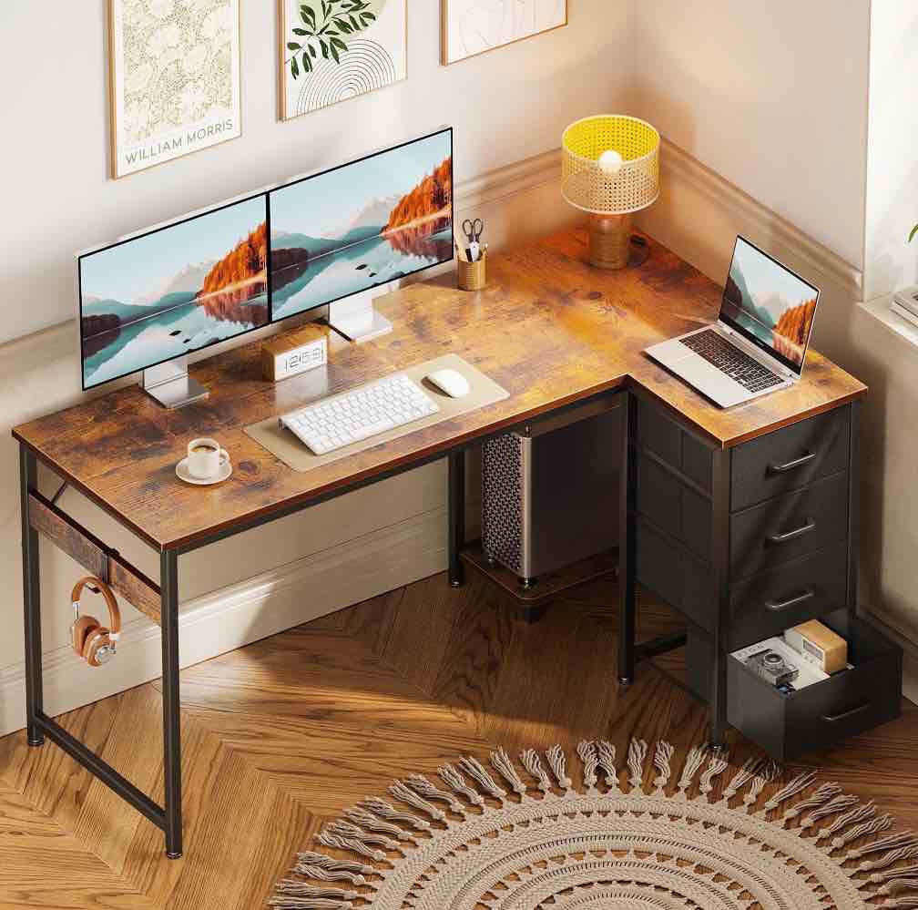 48 inch computer desk with 4 fabric drawers — home office desks with storage, writing desk with side hook, desk study/work table for bedroom and small space, vintage