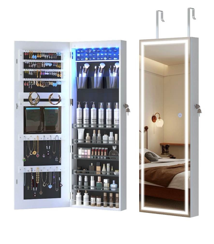 vkcc full length mirror jewelry armoire, wall mounted door hanging cabinet storage organizer, led lockable jewelry box, white