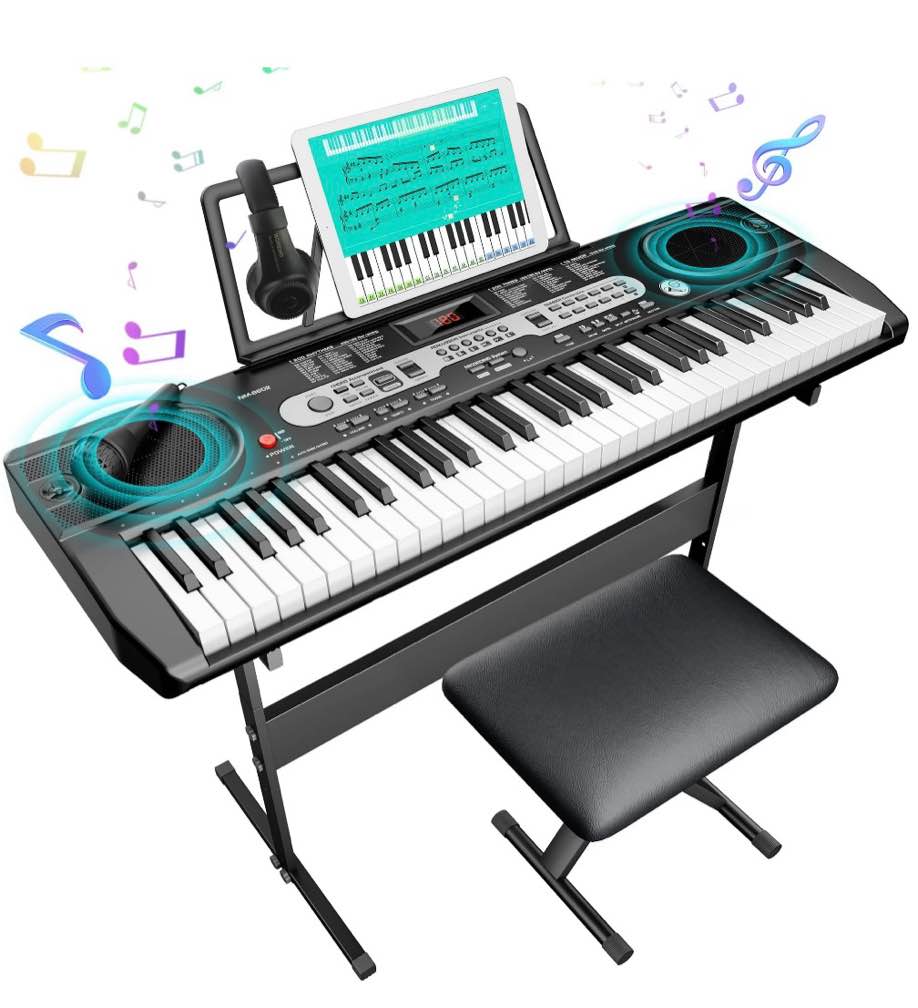 furnibear 61 key piano keyboard kit with music sheet stand stool headphones microphone 200 tones & rhythms