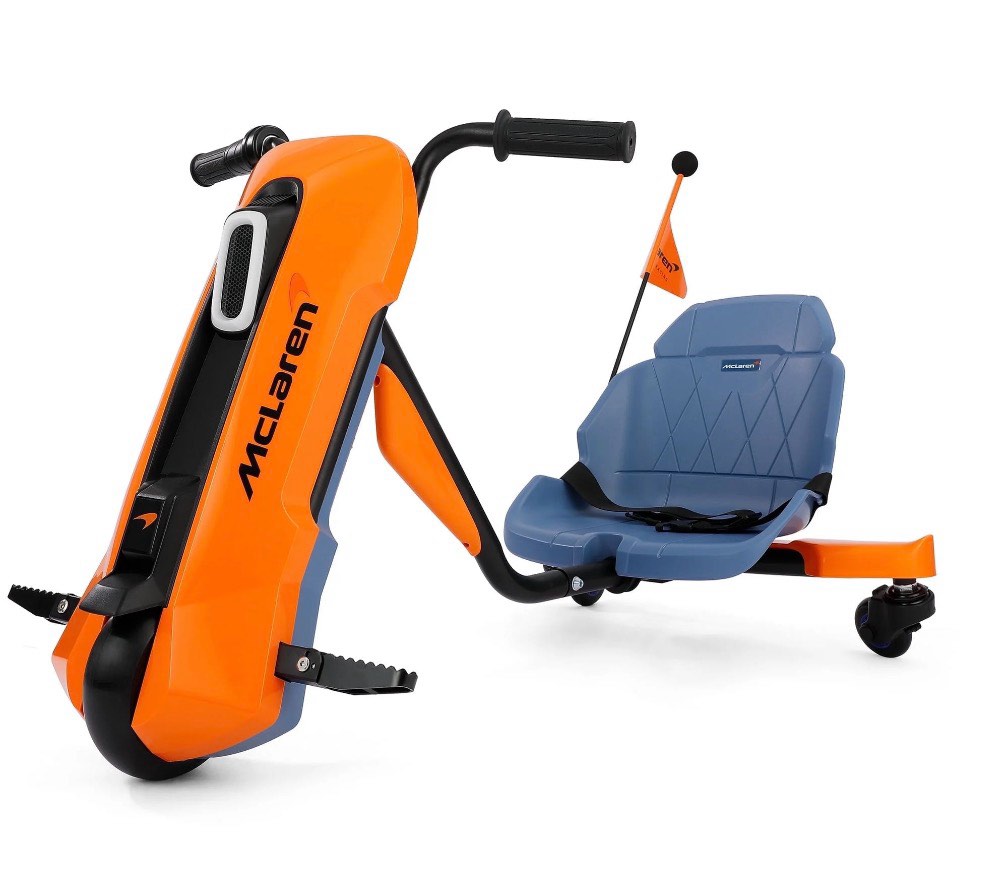 mclaren licensed 24v ride on toys,drift kart for kids, 6.5 mph max,360° spin electric go kart for kids, 3 adjustable seat, music, bluetooth,orange