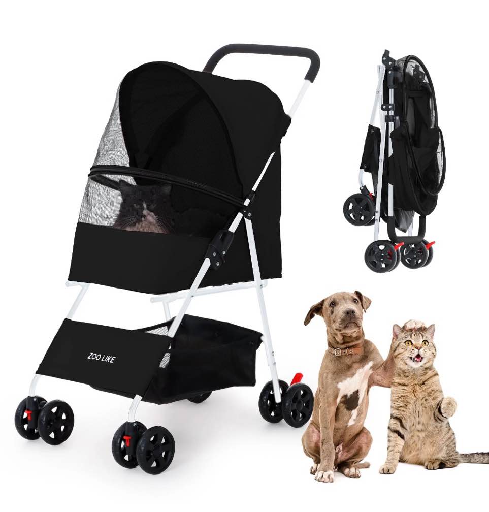 zoolike 4-wheeled pet stroller for cats & dogs, foldable travel carrier with 360-degree swivel, black