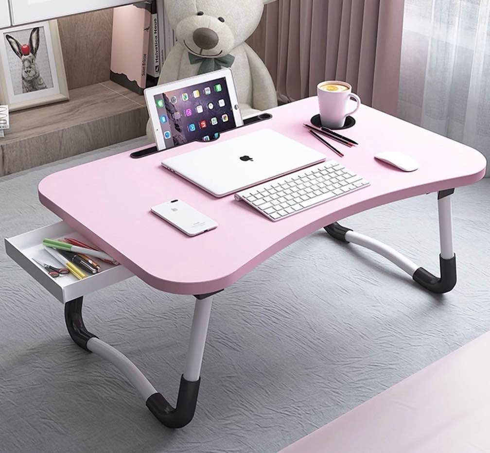 phancir foldable lap desk  23.6 inch portable wood laptop desk table workspace organizer bed tray with ipad slots  cup holder and drawer  anti-slip for working reading writing  eating  watching-pink