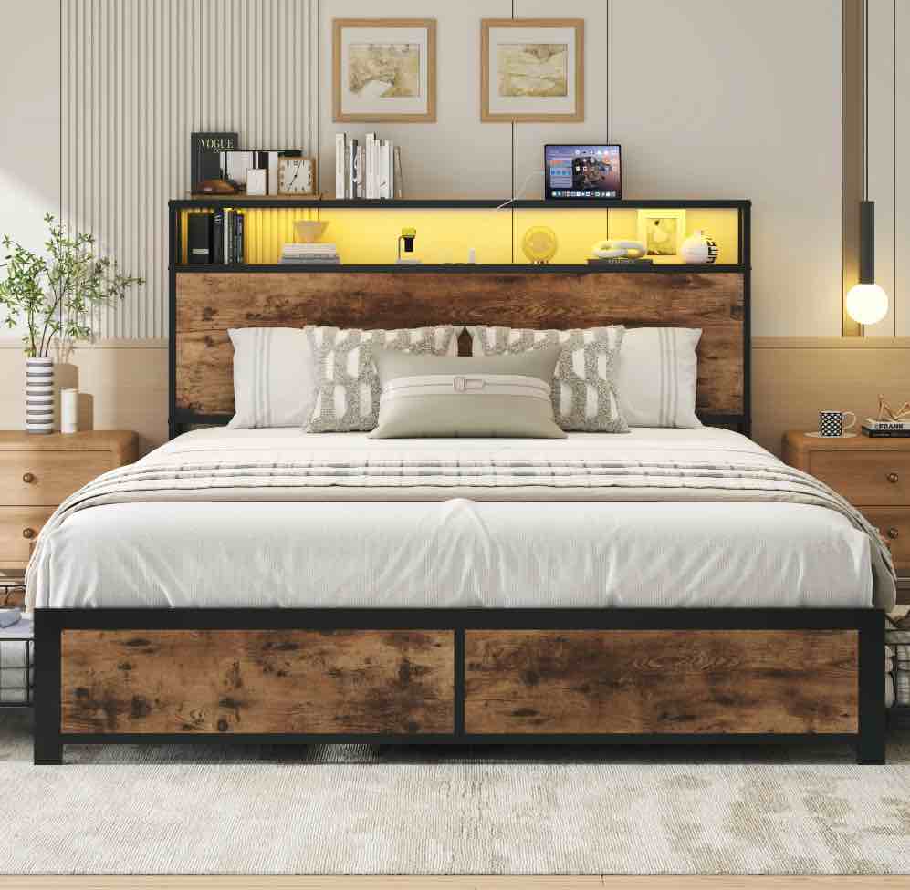 fluest queen bed frame with 2-tier storage headboard, usb port and led light, 4 storage drawers, brow