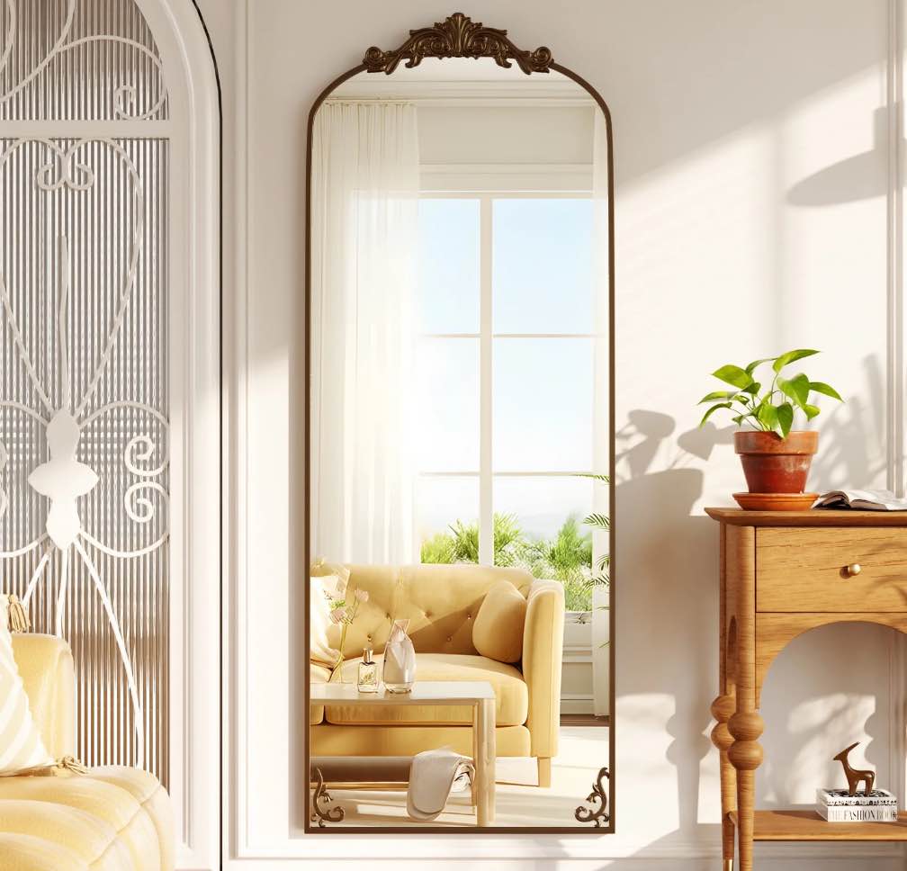 beautypeak 72"x24" full length mirror with baroque flower head design wall-mounted mirror,antique bronze