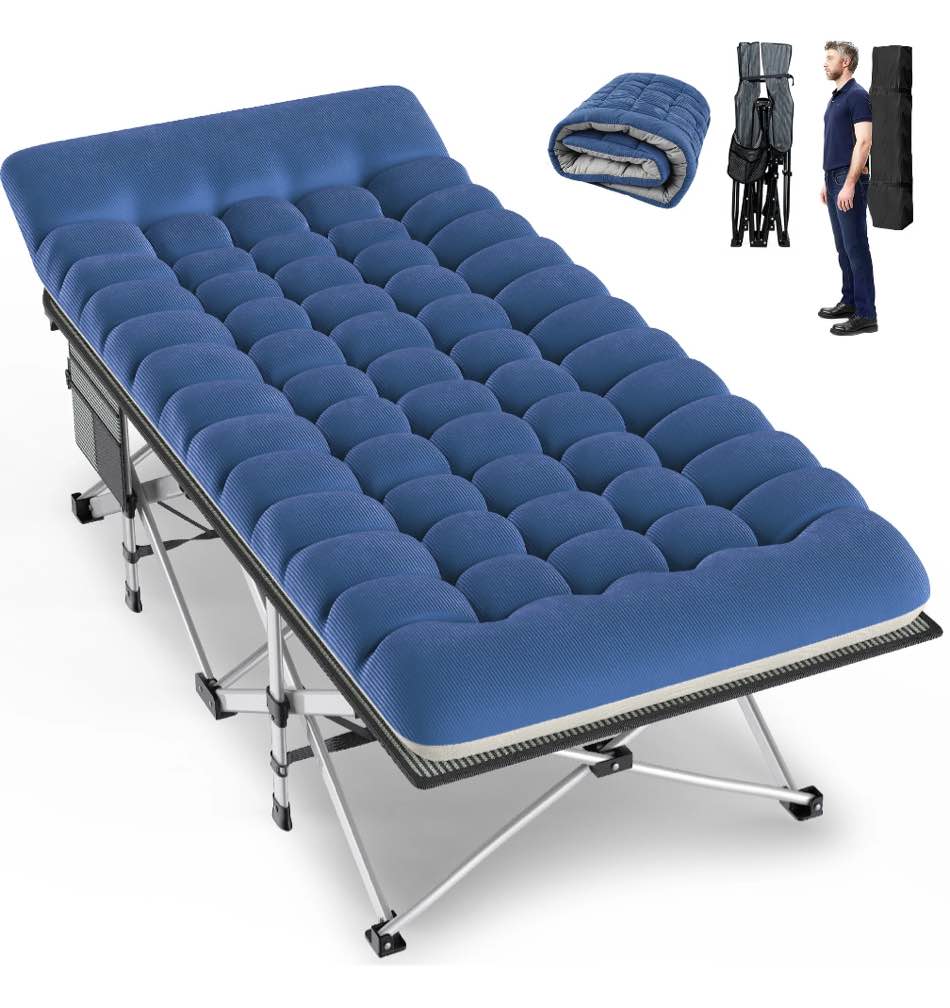gvdv folding xxl camping cot with 2 sided comfort mattress, 78"x32" portable folding bed for adults, extra wide sleeping bed for camp office nap beach travel
