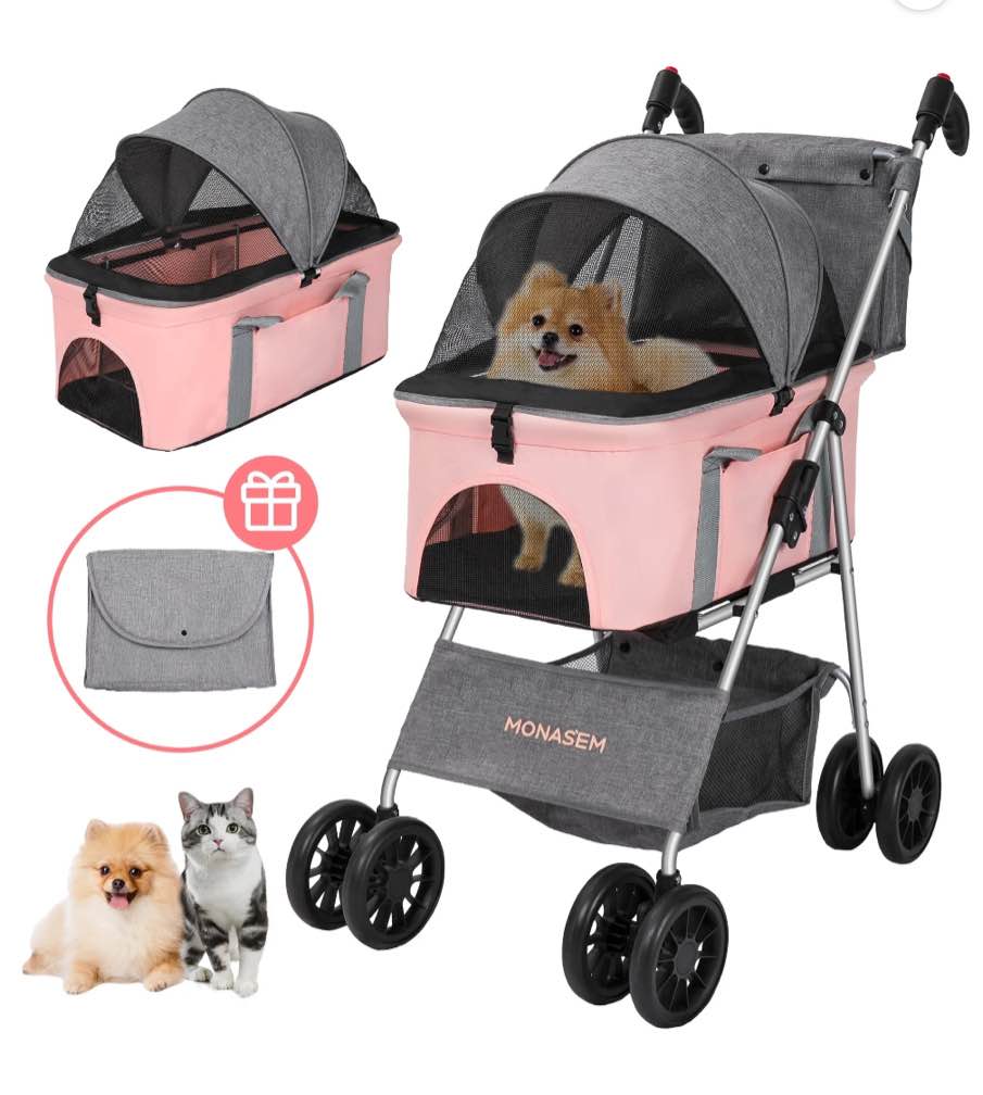 monasem 4 wheels foldable pet stroller 3 in 1 with waterproof detachable pets travel carrier for small/medium dogs cats up to 60lbs, pink