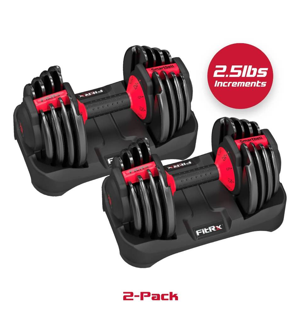 fitrx smartbell 2-pack  two 25lbs. quick-select 9 in 1 adjustable dumbbell for home gym  5-25lbs. weight in 2.5lbs increments