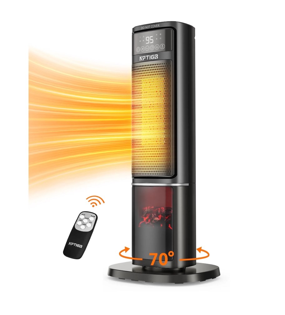 nftigb space heater with flame effect, 1500w ceramic heater with thermostat, ptc heater for indoor, 12h timer & remote, for office, bedroom, living room, new