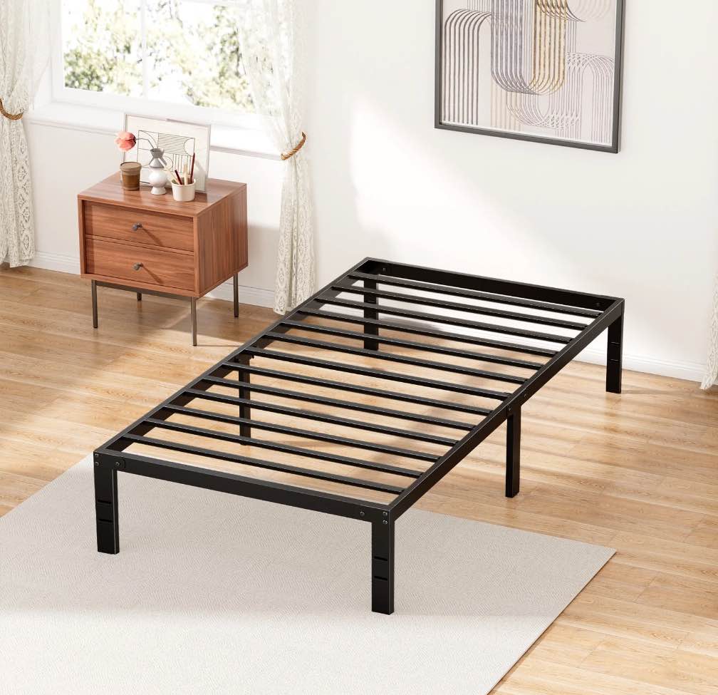 zunmos 14 inches twin bed frame, heavy duty metal platform with storage space under frame, no box spring needed twin size bed frame, black