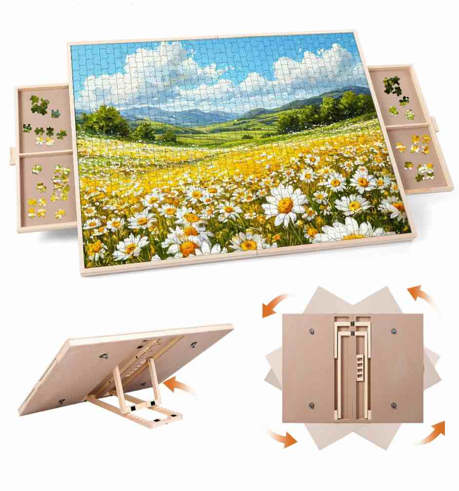 kalnur 1500 pieces 2-in-1 tilting & rotating puzzle board for adults gifts, wooden jigsaw puzzle table with 2 drawers, portable board with lazy susan and cover, 25.2" x 34.2"