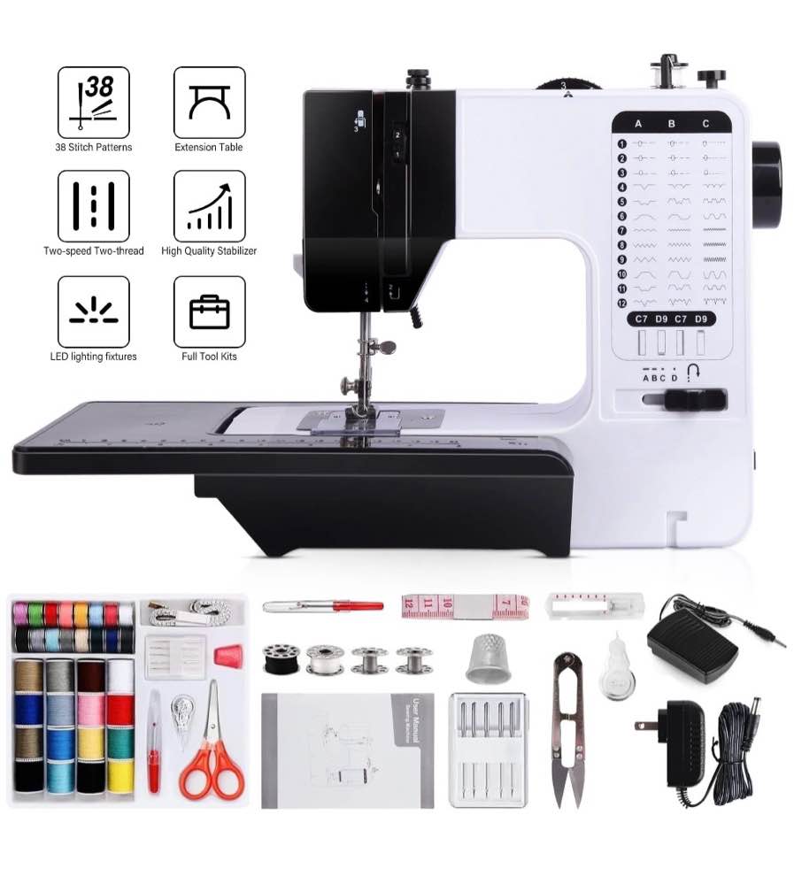 BCOOSS Portable Sewing Machine for Beginners 38 Built-in Stitches with Extension Table &Dual Speed