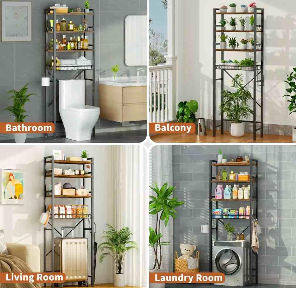Condition photo showing New/Like New for Capri Over The Toilet Storage Shelf, 4-Tier Freestanding Bathroom Organizers and Storage, above Toilet Space Saver Rack with Adjustable Shelves, Toilet Paper Holder and 9-Hooks, Rustic Brown
