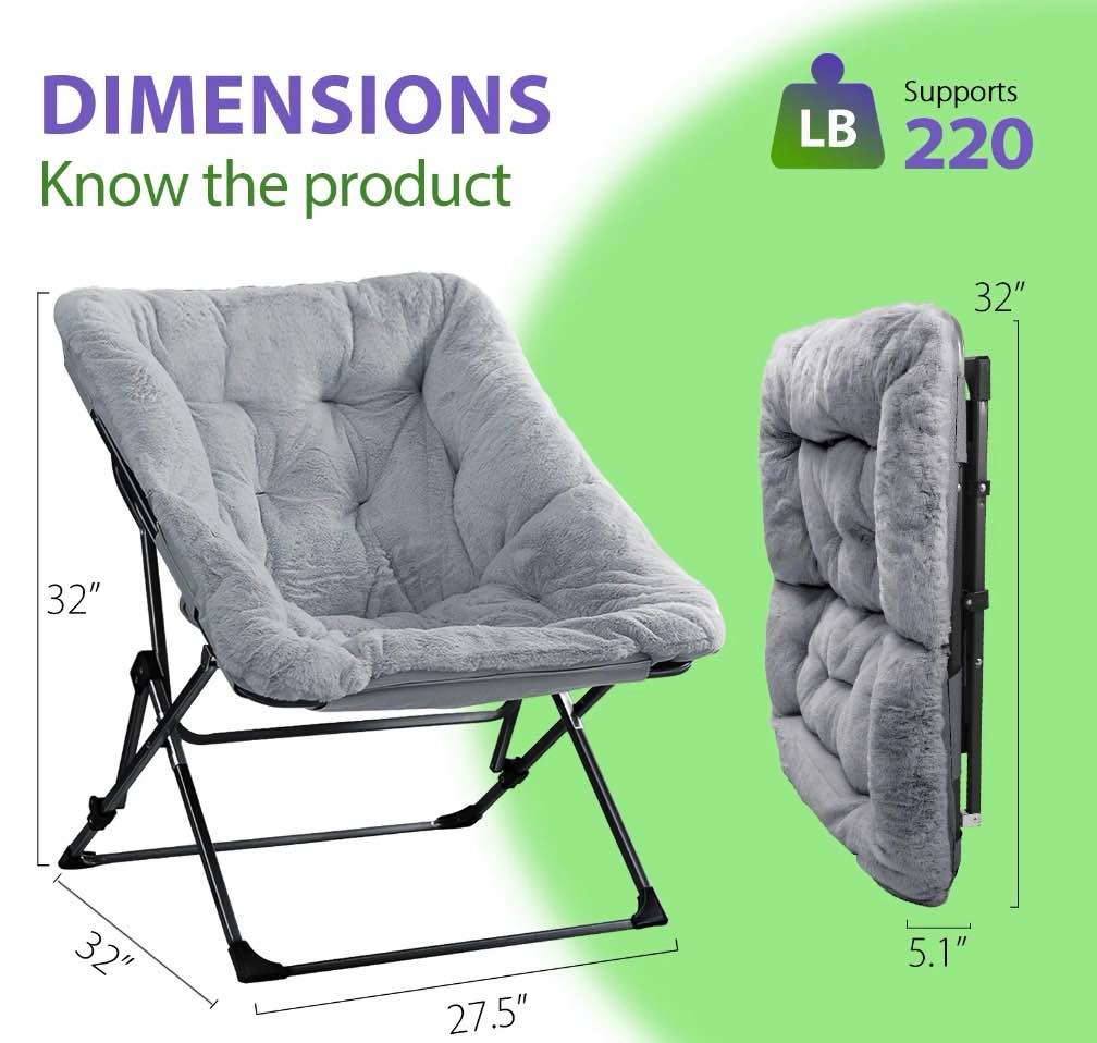 Condition photo showing New/Like New for ARKANTOS Folding Saucer Chair for Adults, Comfy Chair for Bedroom and Living Room, Faux Fur Lounge Chair ,Gray