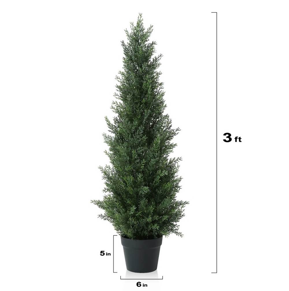 Condition photo showing Good Condition for Artificial Cedar Tree 2 Pack 3 ft Outdoor Artificial Topiary Cedar Plants Fake Tree UV Rated Potted Plants for Porch Decor Faux Pine Tree for Perfect Housewarming Gift