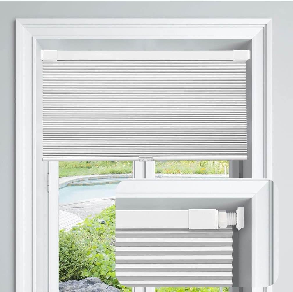 Condition photo showing New/Like New for LazBlinds Cordless Cellular Shades, No Tools No Drill Blackout Honeycomb Shades Pleated Blinds for Windows, 48'' W x 48'' H, Silver White