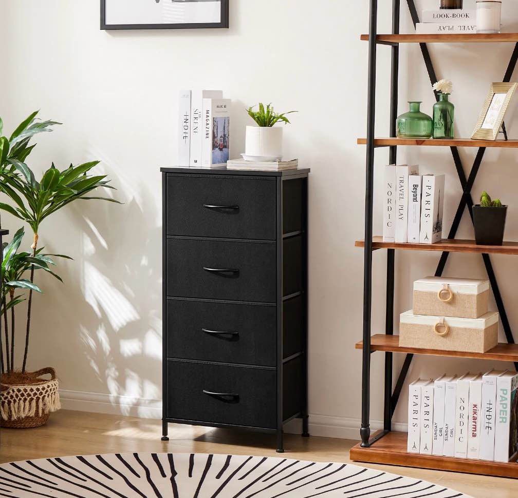 Condition photo showing Good Condition for CONCETTA 4 Drawer Dresser, Wide Chest Drawers Nightstand Storage Tower Storage Fabric Dresser With Wood Top for Living Room, Bedroom, Closet, Black