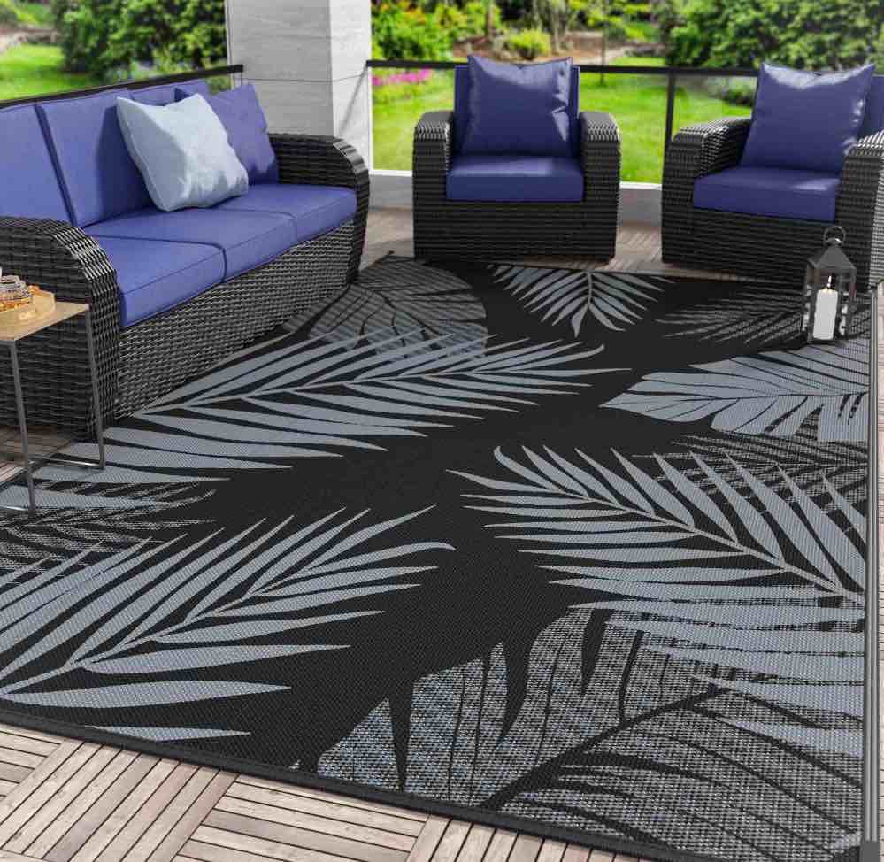 DEORAB 8'x10' Outdoor Rugs Patio Waterproof Outside Mat Reversible Plastic Camping Carpet,Black & Grey