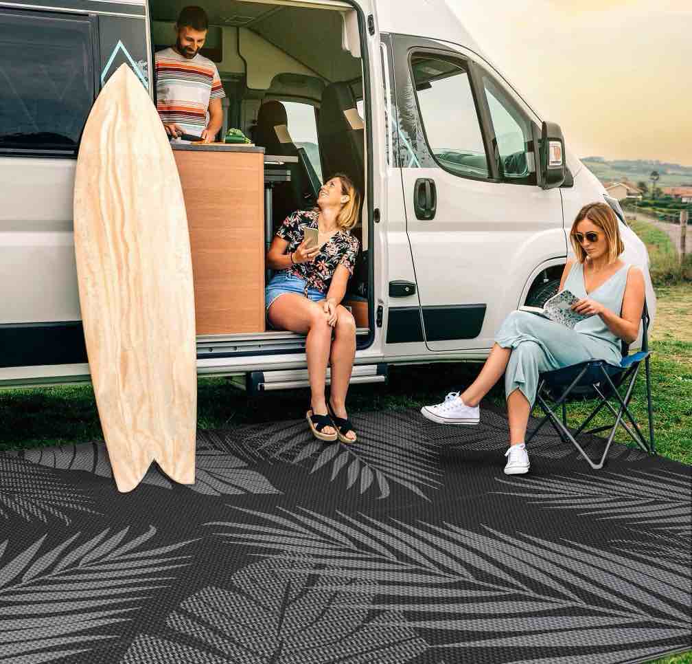 Condition photo showing Good Condition for DEORAB 8'x10' Outdoor Rugs Patio Waterproof Outside Mat Reversible Plastic Camping Carpet,Black & Grey