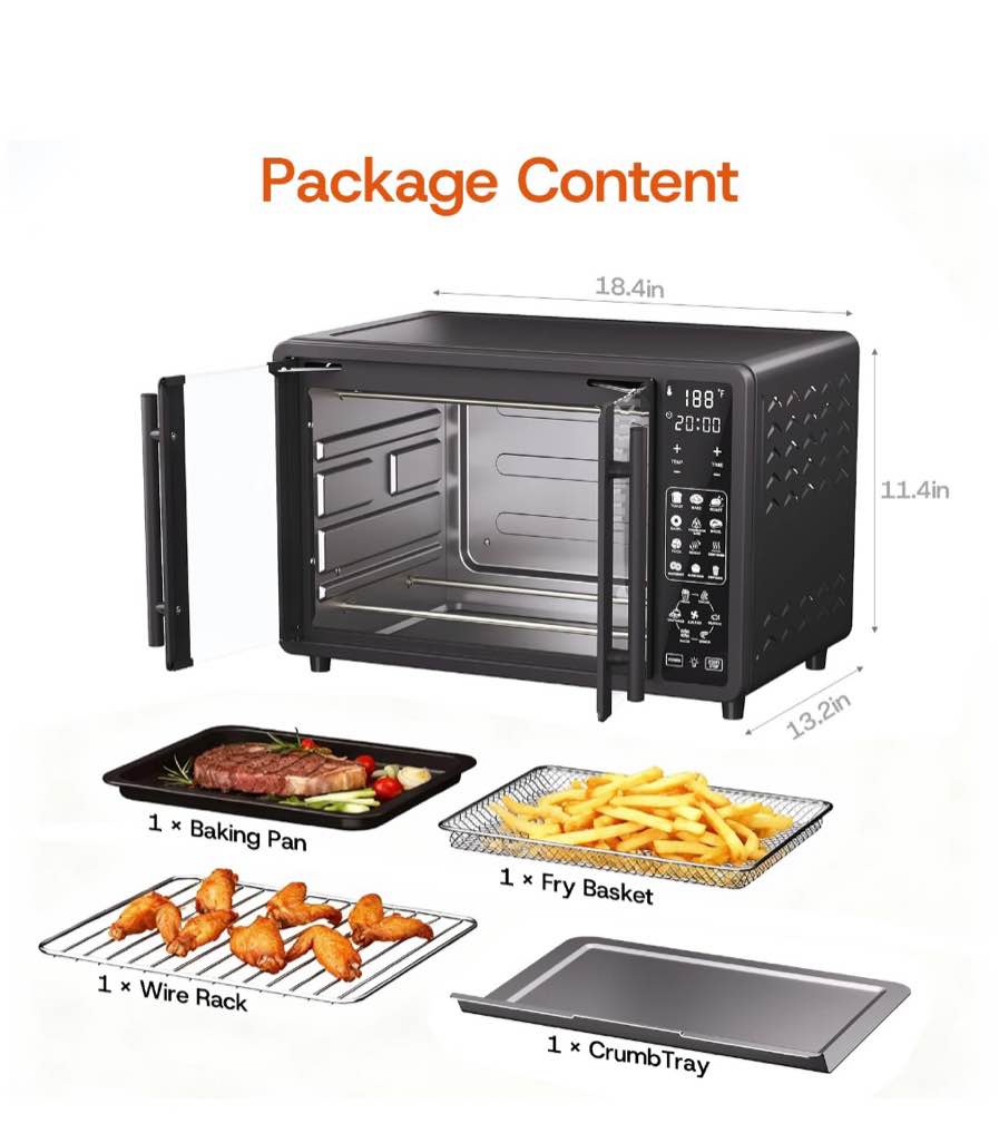 Condition photo showing New/Like New for 25QT French Door Air Fryer Toaster Oven Combo, Bake, Broil, Roast, 19 Cooking Functions and Digital Controls, NTC Precise Temp Control, 1700W Powerful Heating, Stainless Steel Easy to Clean