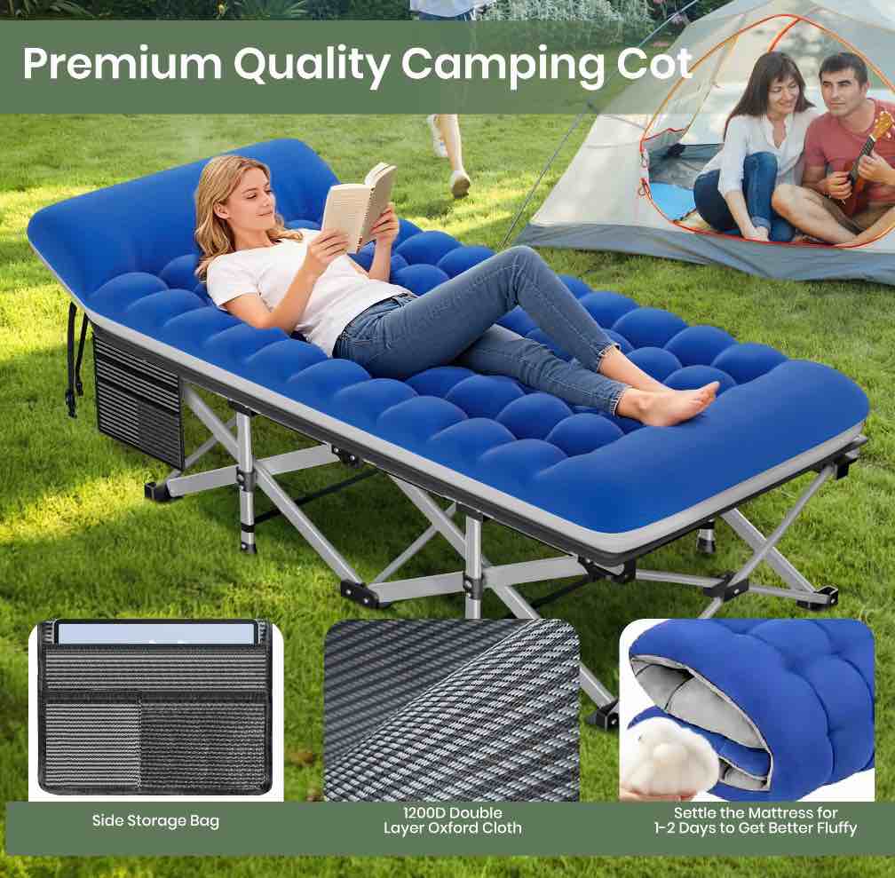 Condition photo showing New/Like New for GVDV Folding Camping Cot with 2 Sided Comfort Mattress, 75*28 inch Double Layer Oxford Fabric Folding Bed, Portable Sleeping Bed Cot for Camp Office Nap Beach Travel