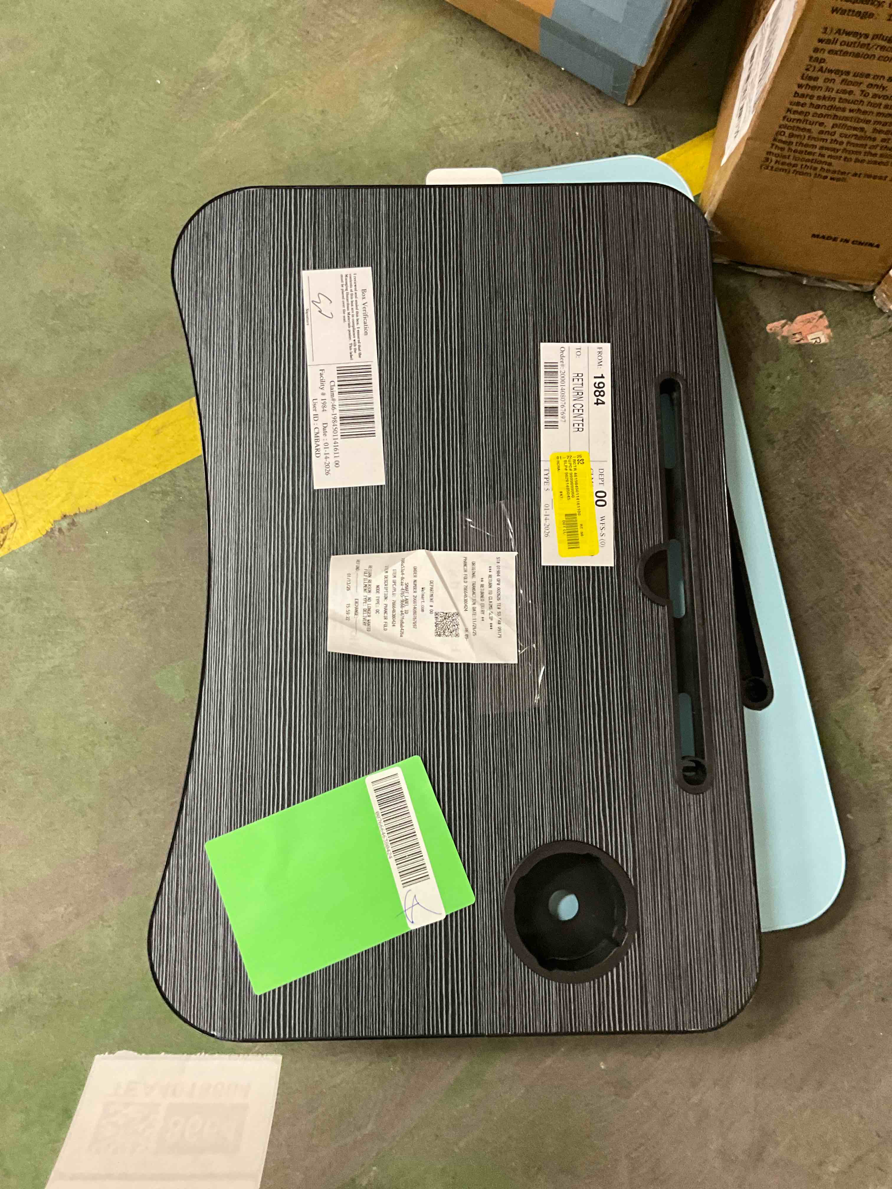 Condition photo showing Good Condition for Folding Lap Desk, 23.6 Inch Wood Laptop Bed Desk with Cup Holder, Portable Bed Table for Working Writing Reading & Eating for Bed, Sofa, Couch, Floor - Black