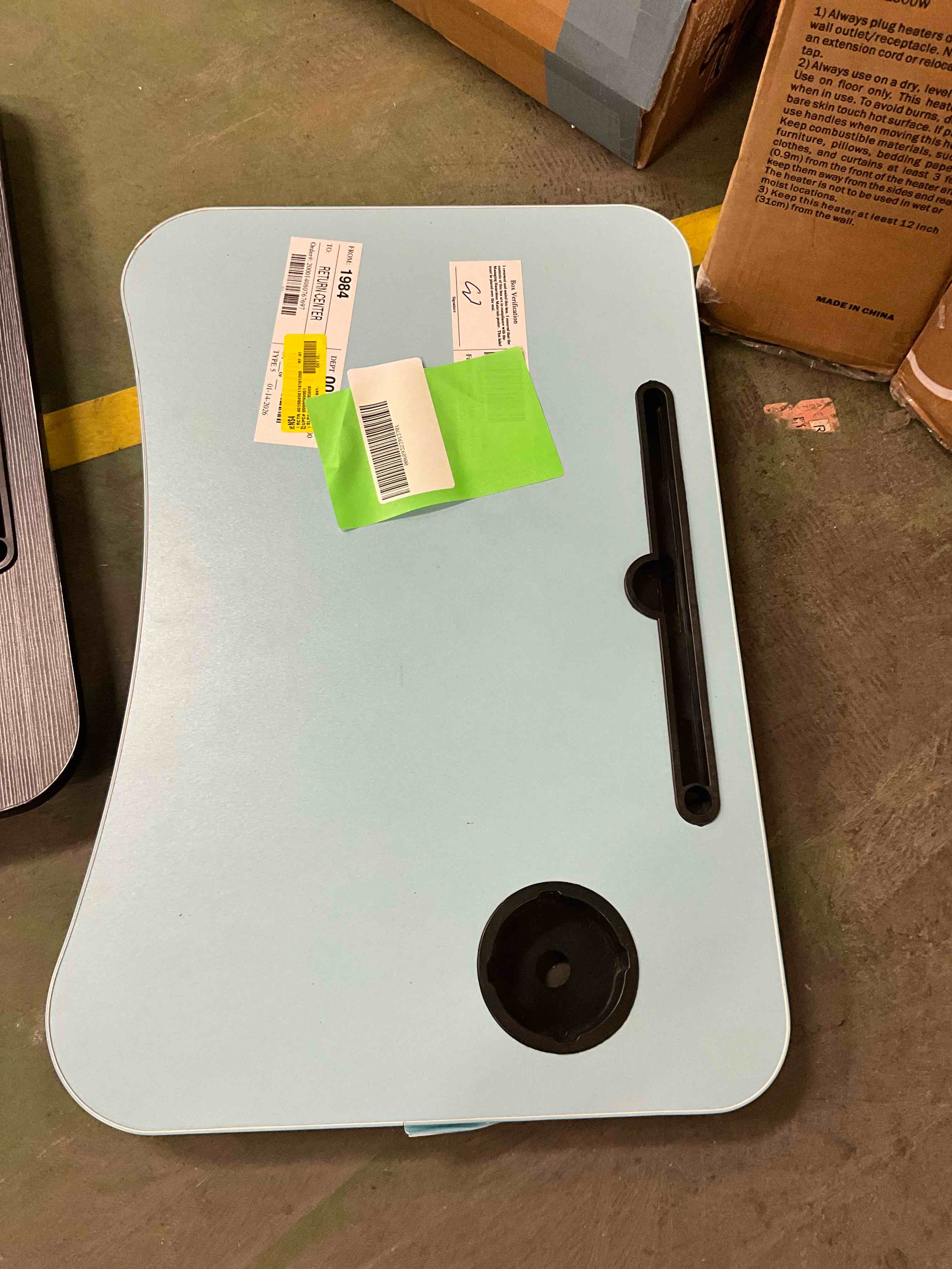 Condition photo showing Good Condition for Lap Desk with Storage Drawer, Cup and Tablet Holder, Bed Tray Table, Foldable Laptop Desk, Laptop Stand for Working, Writing, Gaming and Drawing (23.6", Blue)