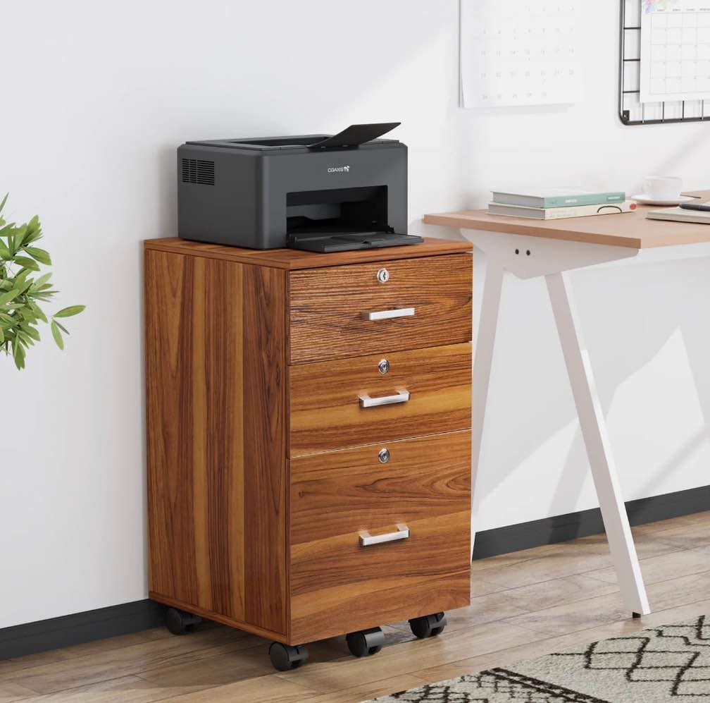 Condition photo showing New/Like New for Ktaxon Wood Rolling File Cabinet with 3 Drawers for Letter Size, Portable Vertical Mobile Wooden Storage Filing Cabinet, for Home Office, Red Brown