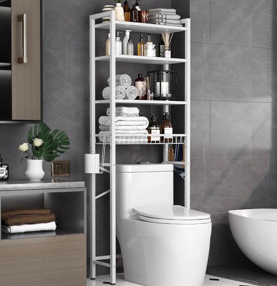 Biemlerfn Over The Toilet Storage Shelf, 4-Tier Wooden Bathroom Organizer Adjustable Saver Space Rack with Toilet Paper Holder, Pure White